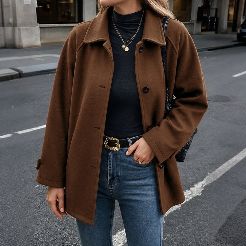 Solid color lapel buckle mid length jacket for women