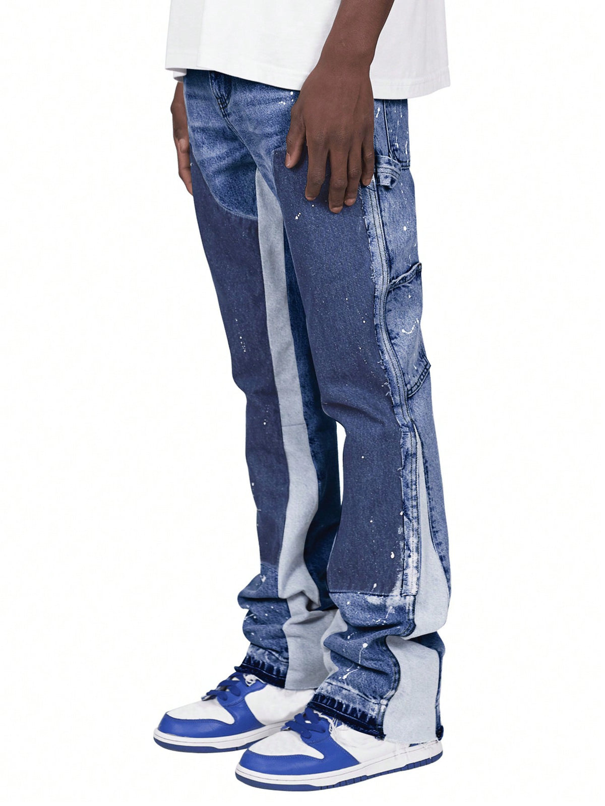 Workwear Denim Pants Men Straight Leg Layered Patchwork Stylish Casual Jeans