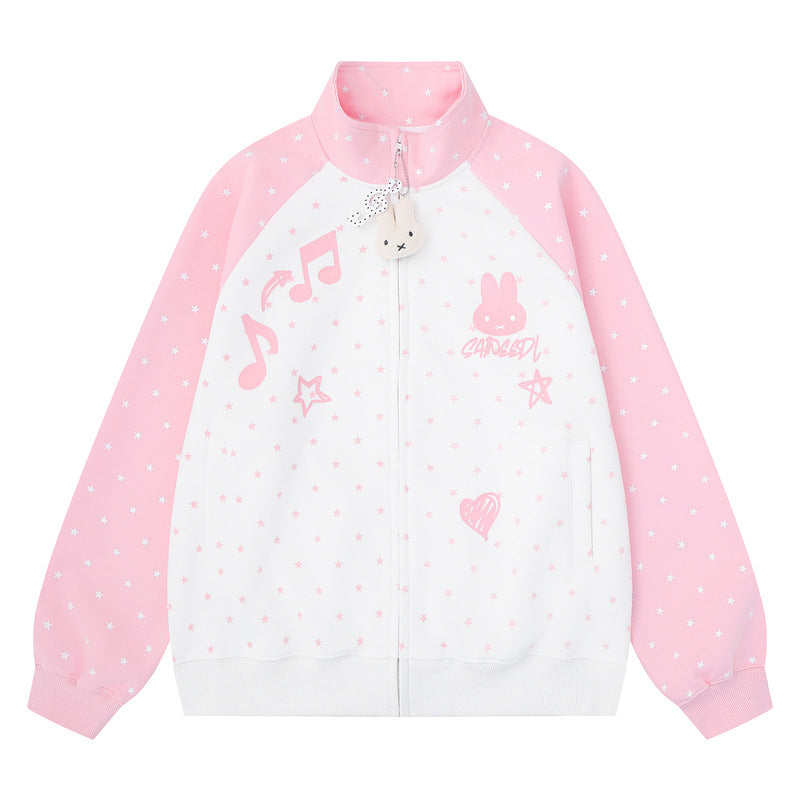 Cute rabbit note color blocked star hoodie jacket