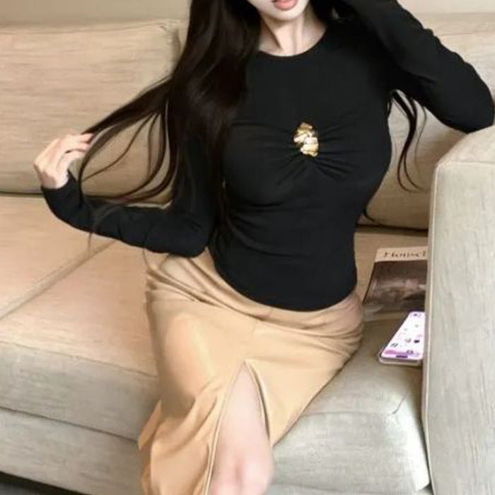 Olive Green Pleated Round Neck Long Sleeve T-Shirt for Women Fitted Design, Slim Fit, Inner Layer, Bodycon Top
