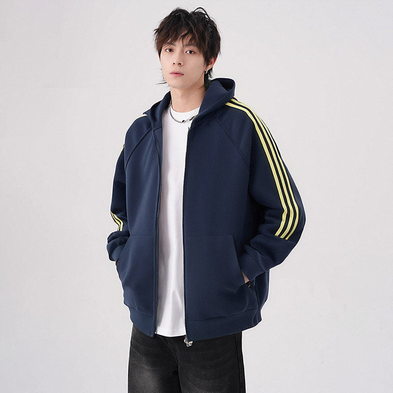 Striped Three-Stripe Open Front Hoodie Men's Spring and Autumn New Arriva  Casual Versatile Hooded Jacket Outerwear