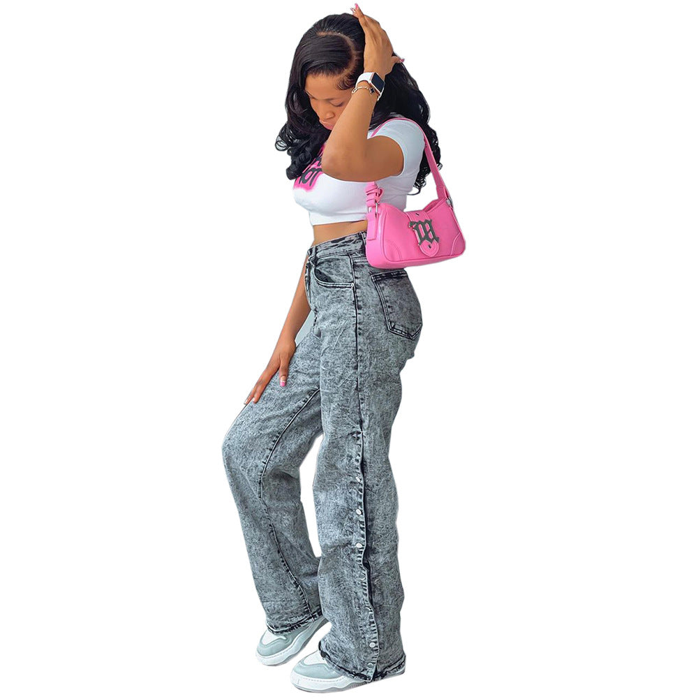 Women's Fashion High-Waisted Side Slit Single-Button Casual Jeans Pants