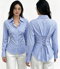 Collar striped back cross strap waist cinching shirt for women