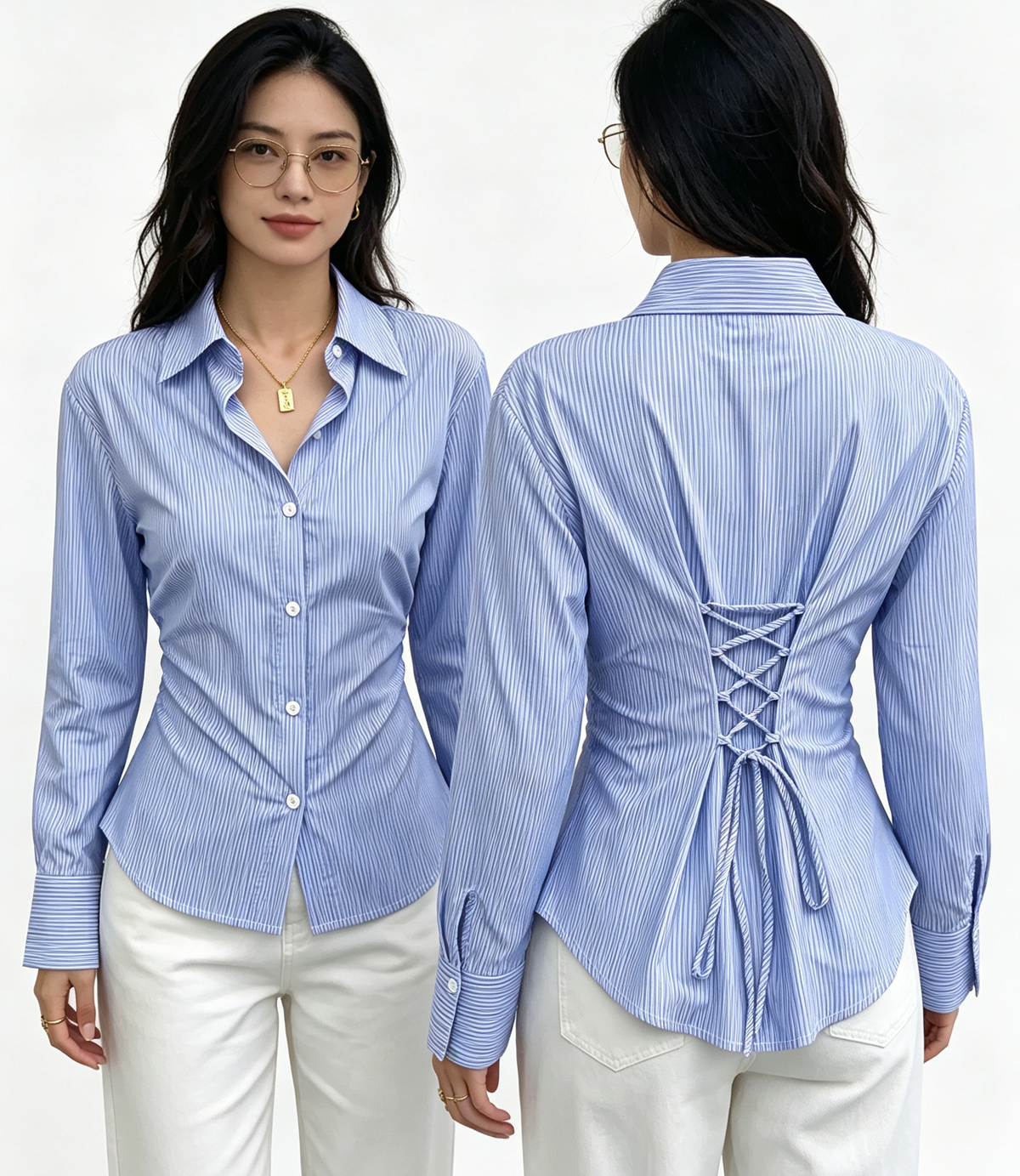 Collar striped back cross strap waist cinching shirt for women