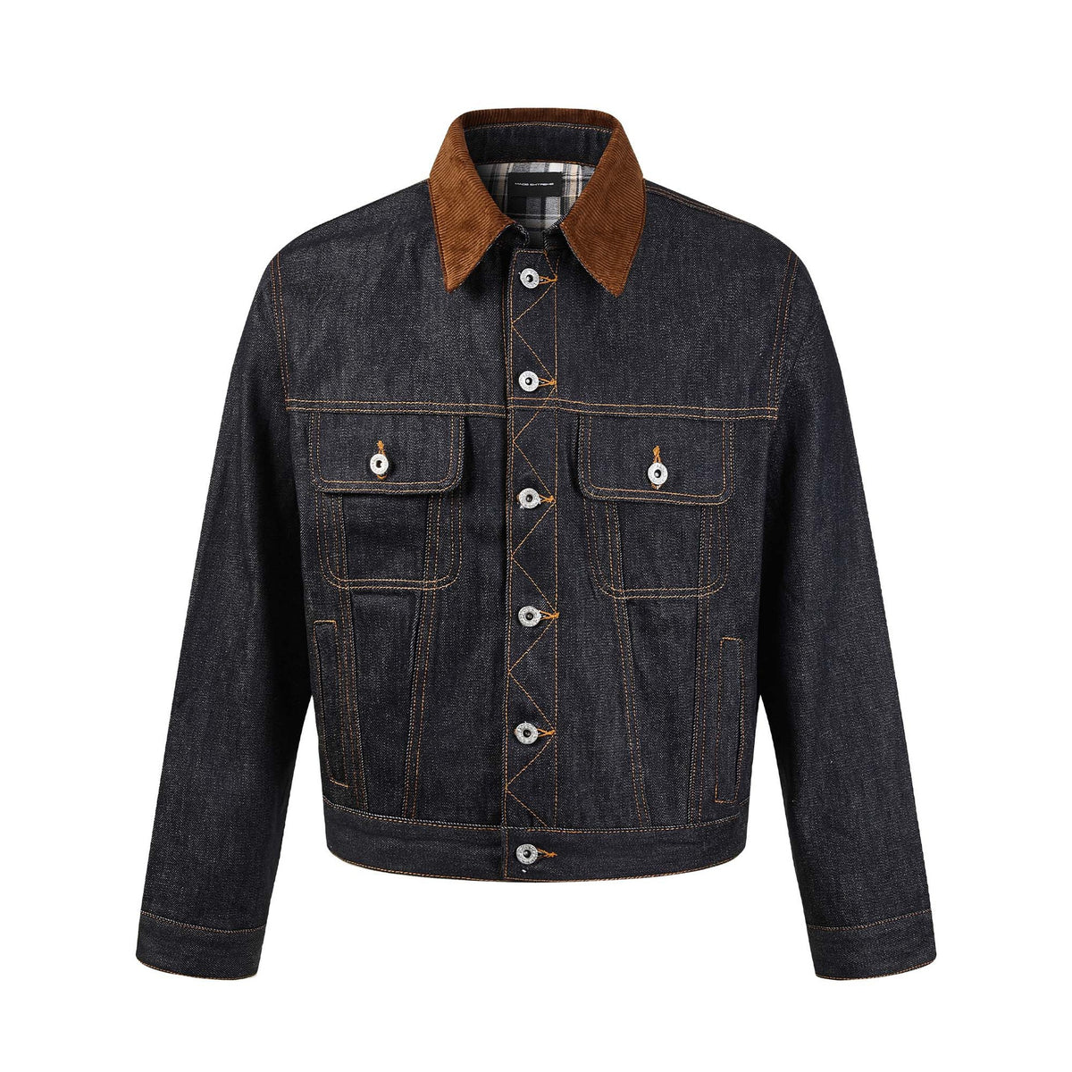 Corduroy Lapel Spliced Plaid Lining Denim Jacket