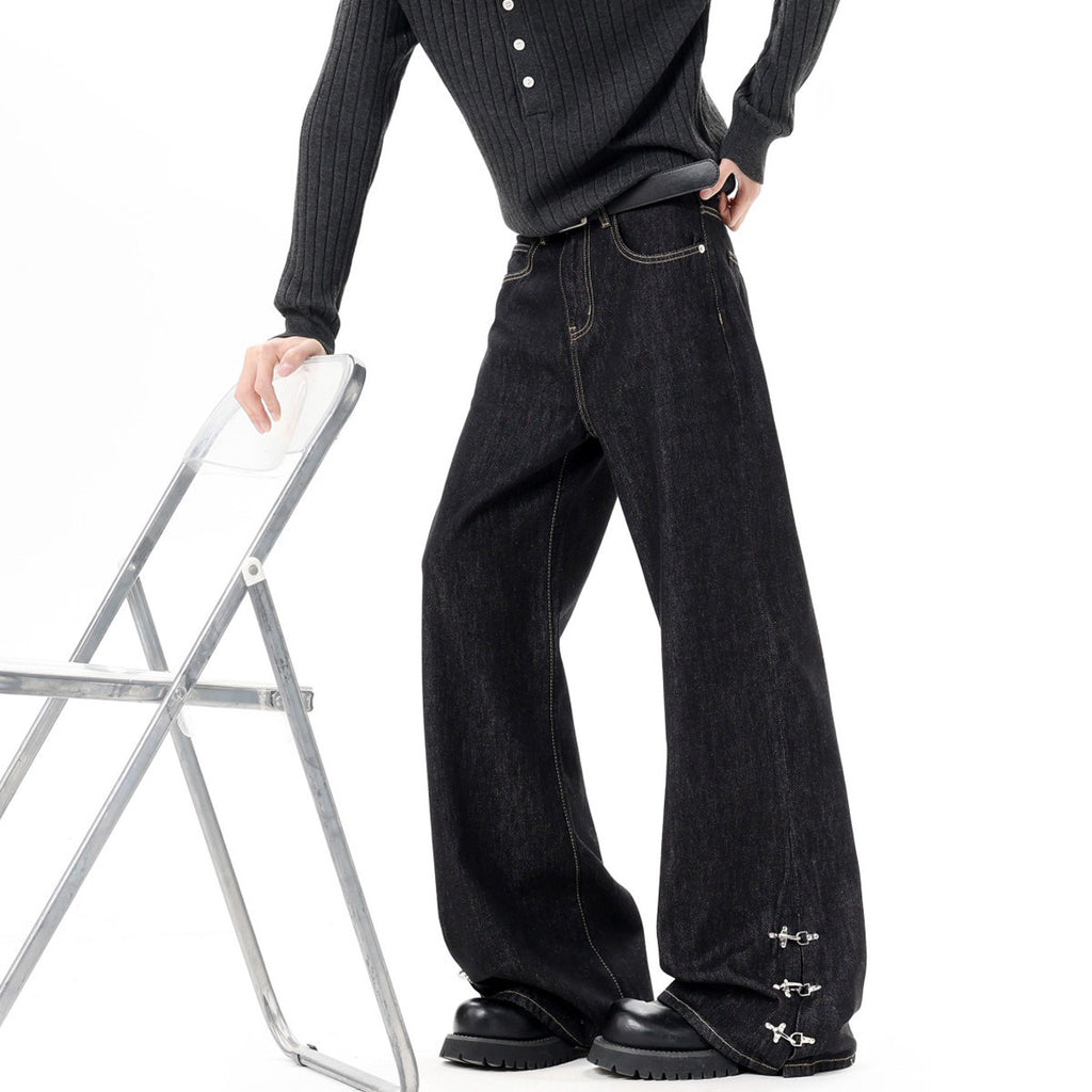 Style Buckle Denim Pants Men Spring Autumn New Retro Design Flared Trendy Cleanfit Long Trousers