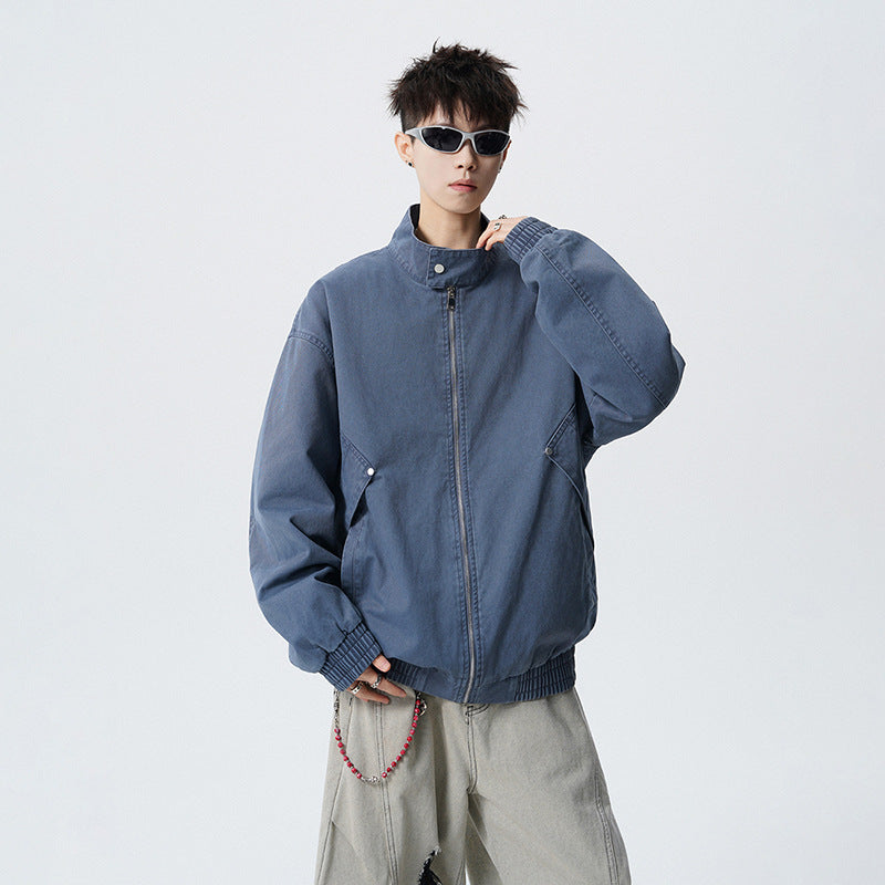 Men's Vintage Workwear Long Sleeve Cotton Striped Texture Stand Collar Jacket