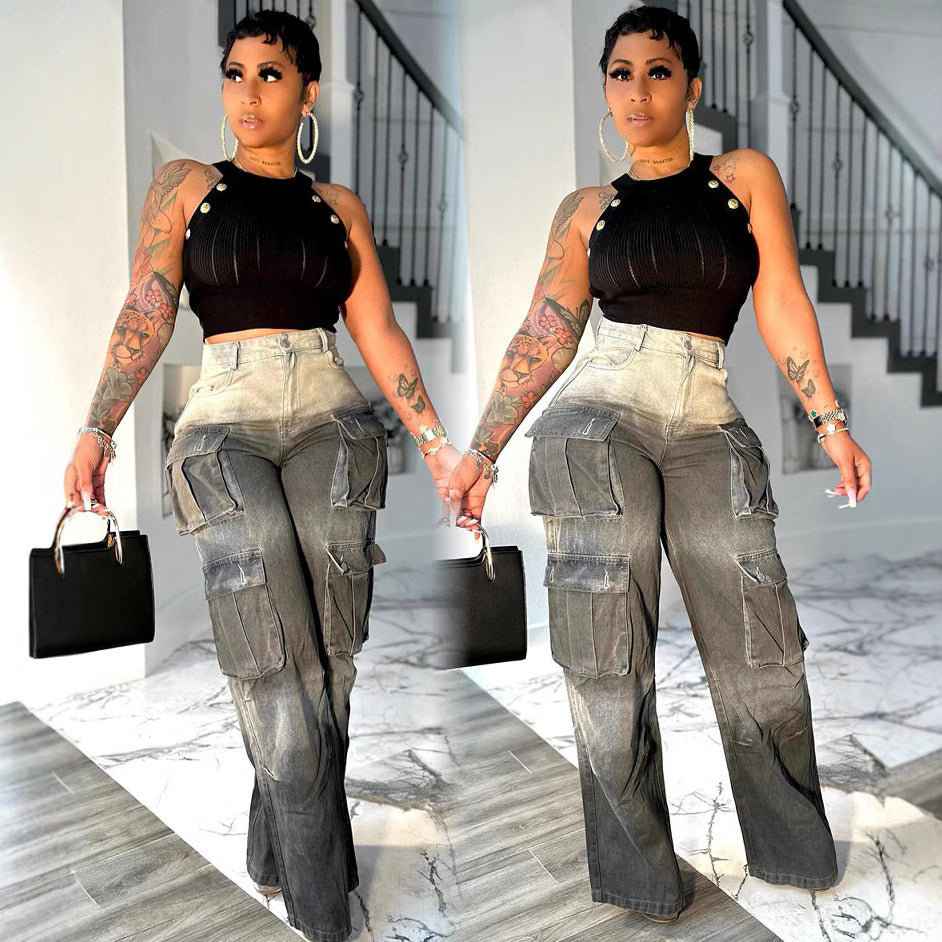 Jeans for women, high-waisted wide-leg pants with multiple pockets and gradient color
