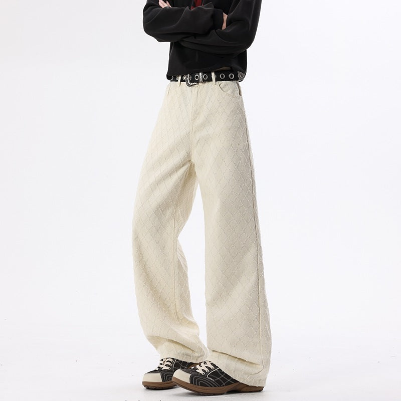 Casual Straight Leg Jeans for Men, White Checkered Denim Pants