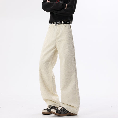 Casual Straight Leg Jeans for Men, White Checkered Denim Pants