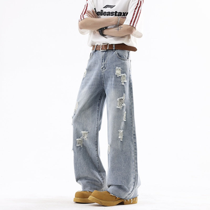 Street Style Ripped Denim Pants Men Lightweight Straight Loose