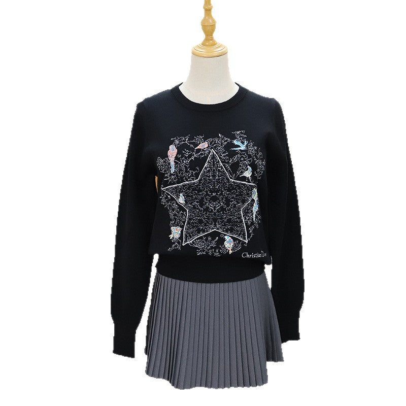 Embroidered pentagram flying bird pullover sweater for women