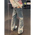 Letter Embroidered All-Over Print Denim Pants Men Spring Autumn New Streetwear Vibe Slim Fit Tapered Flared Long Pants