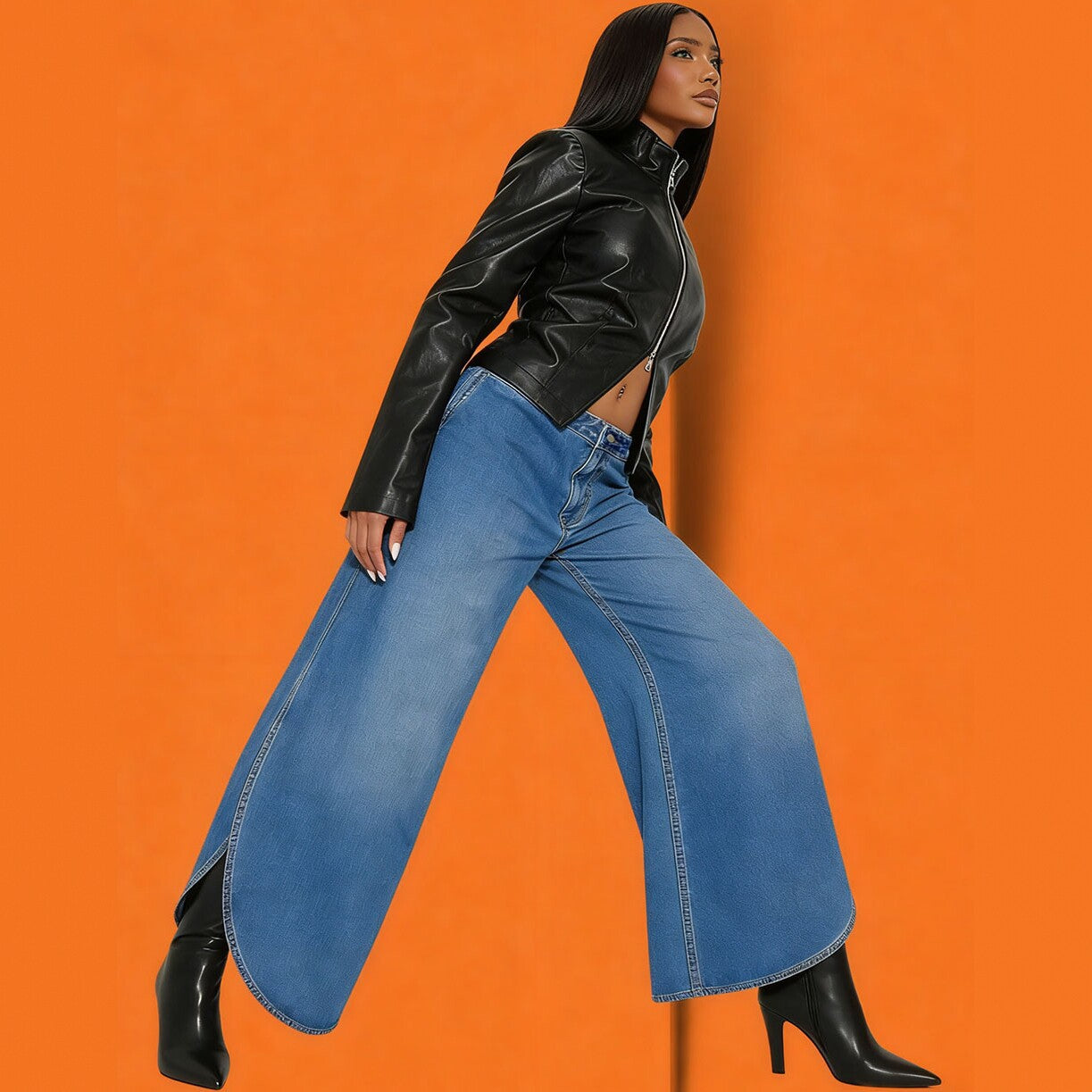 High-Waisted Wide-Leg Denim Pants with Washed Finish and Slit Street-Style Women's Fashion Jeans